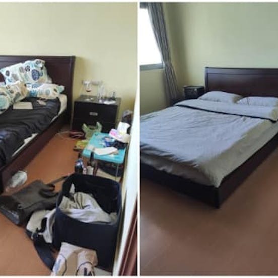 原先臥室地板堆置東西,並無行走空間,經過整理,變得整齊又煥然一新 原先臥室地板堆置東西,並無行走空間,經過整理,變得整齊又煥然一新