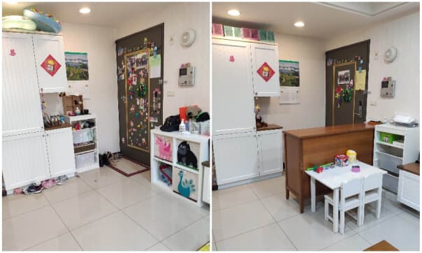 門口陳設原本看起來很亂，擺放東西沒有規則，專業整理後，家中變得舒心又大方，也打造出玄關的空間