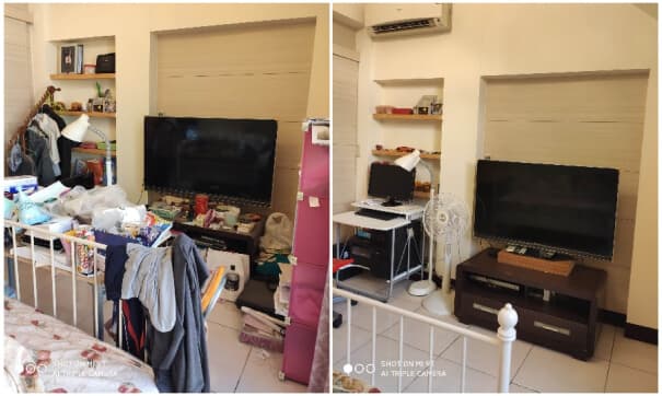 客廳東西擺放太過隨意，有些過於雜亂，經整理後，看起來整齊舒服很多