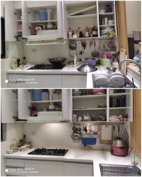 廚房隨意堆置廚具、碗盤、鍋碗瓢盆，造成空間不足，無檯面空間可使用，好好整理後，多了很多可用空間，東西擺放也更整齊有條理