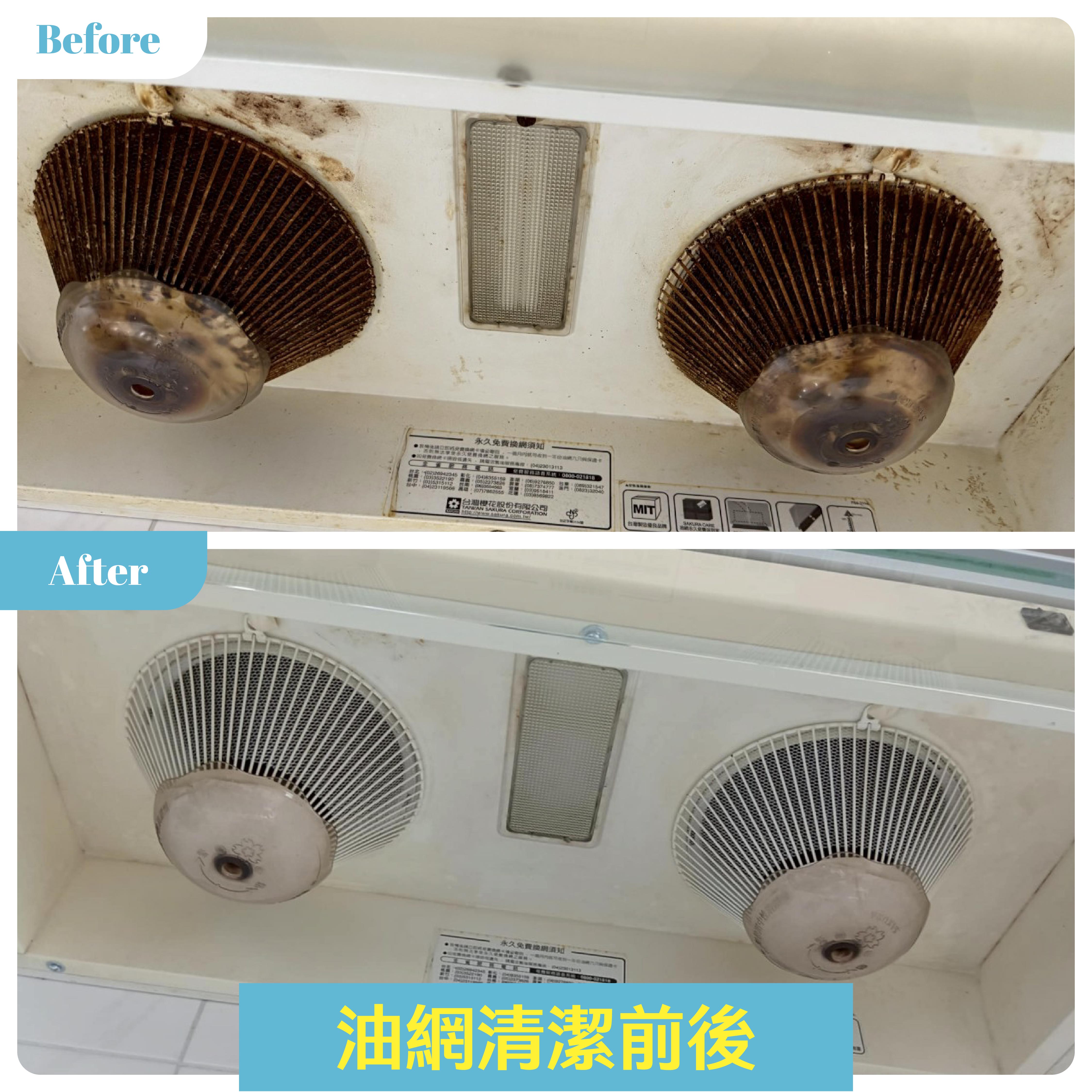 抽油煙機油網清潔前後差異圖，去除陳年油垢