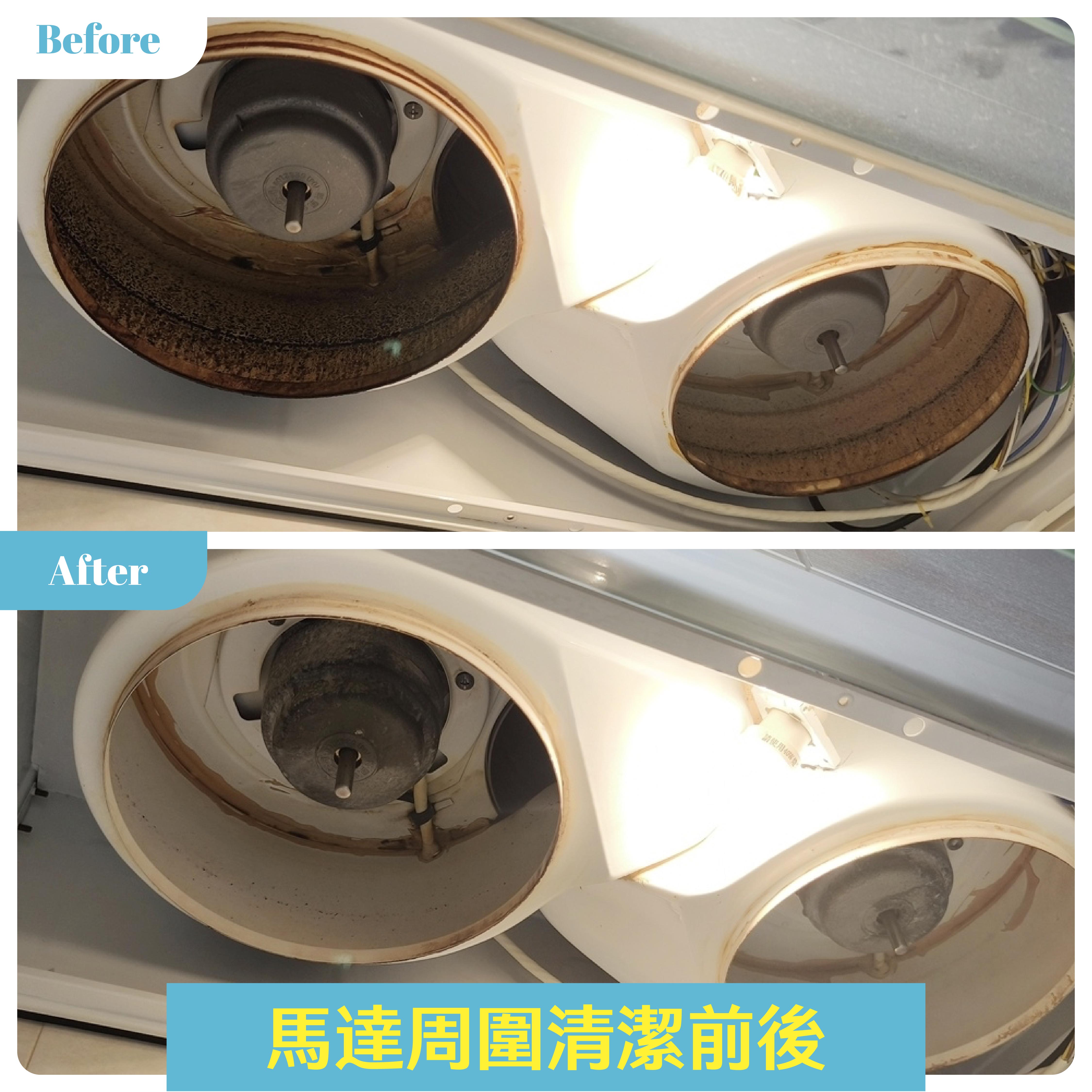 抽油煙機馬達周圍前後差異圖，清除累積固化油垢