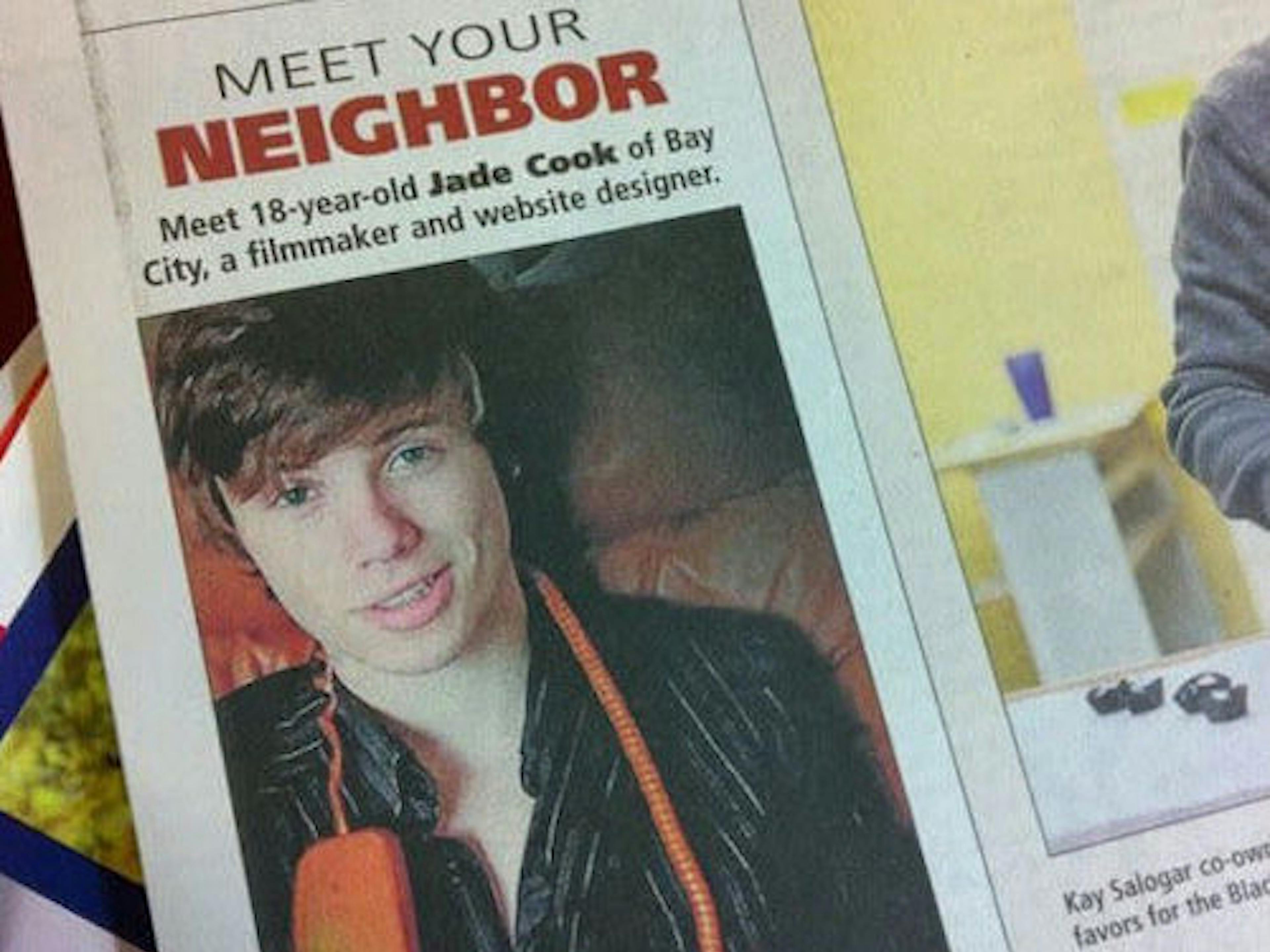 A photo of me featured on the front page of a newspaper that reads "Meet 18-year-old Jade Cook of Bay City, a filmmaker and website designer". 