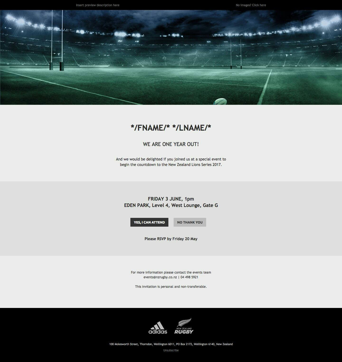 The invitation email that we built for New Zealand Rugby for a special event.