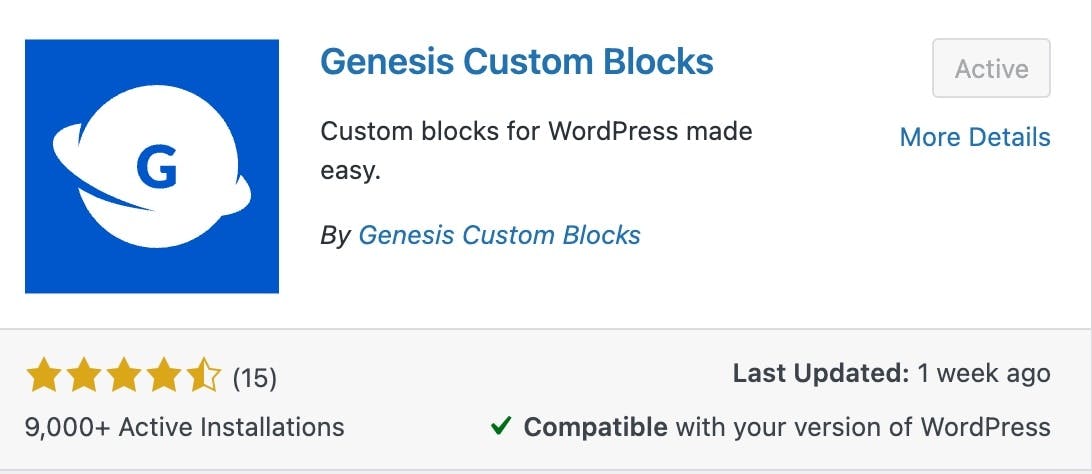 Genesis Custom Blocks Wordpress Plugin Card