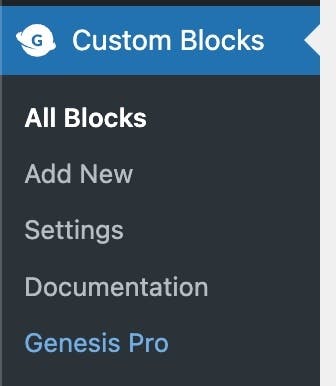 genesis custom blocks wordpress admin sidebar menu entry