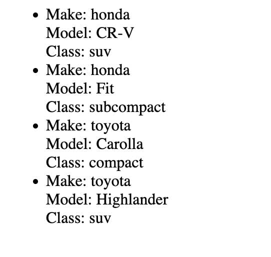 list of cars flex objects on the frontend