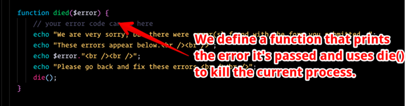 screenshot showing our died() function
