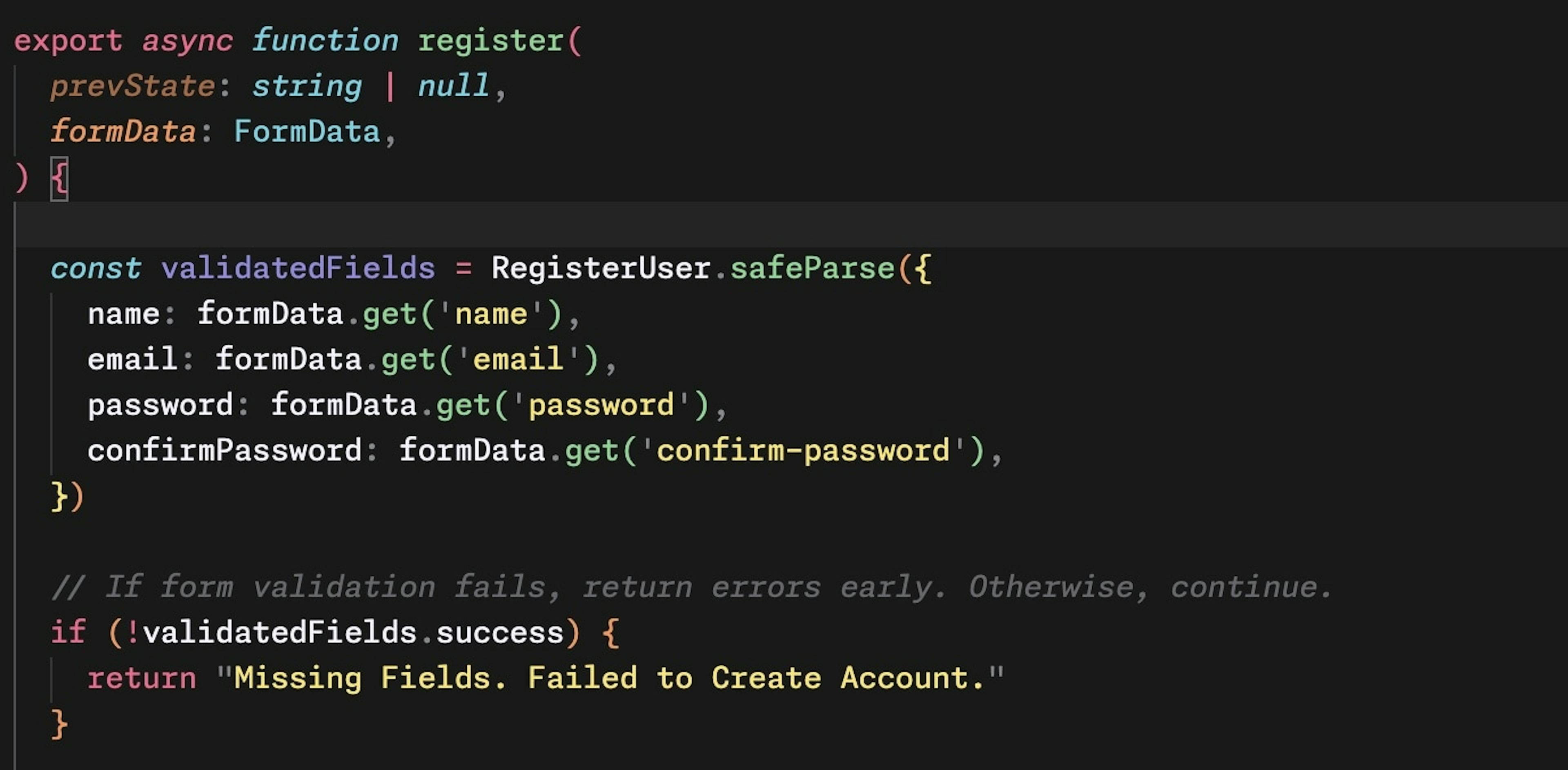 screenshot of code for register function to register users for nextjs learn dashboard app