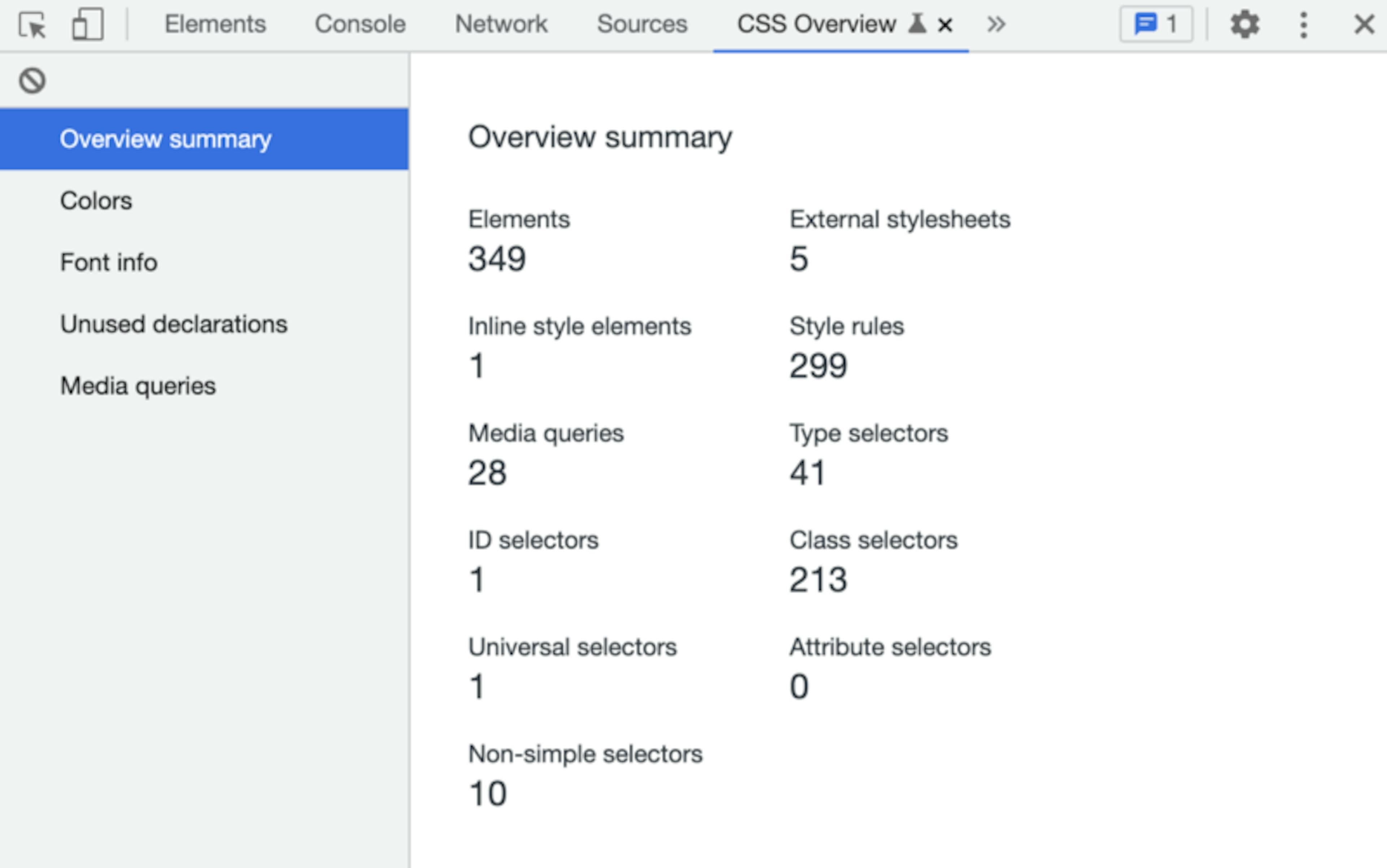 screenshot of chrome devtools CSS Overview