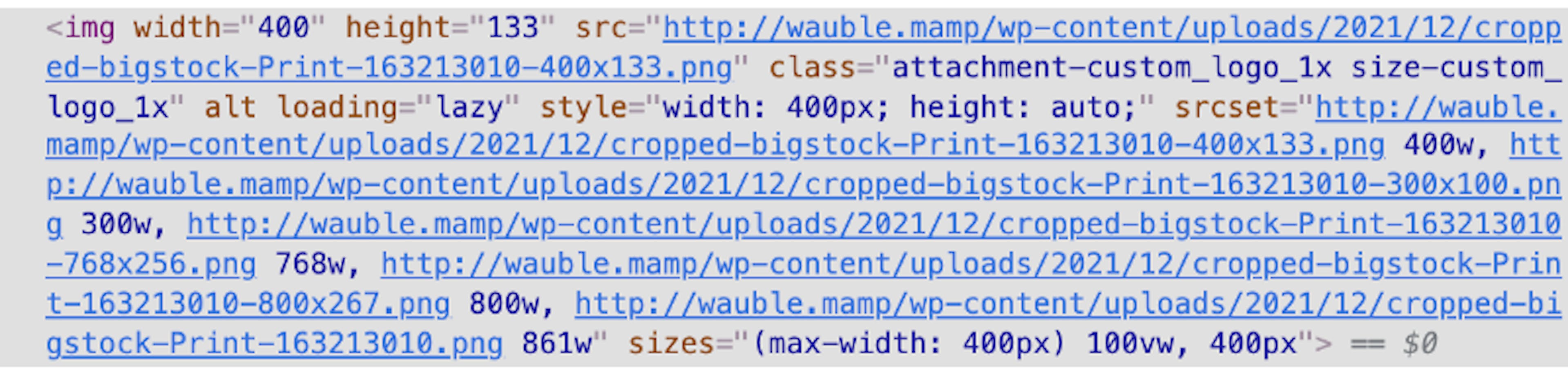 screenshot of img tag in devtools showing srcset and sizes attribute
