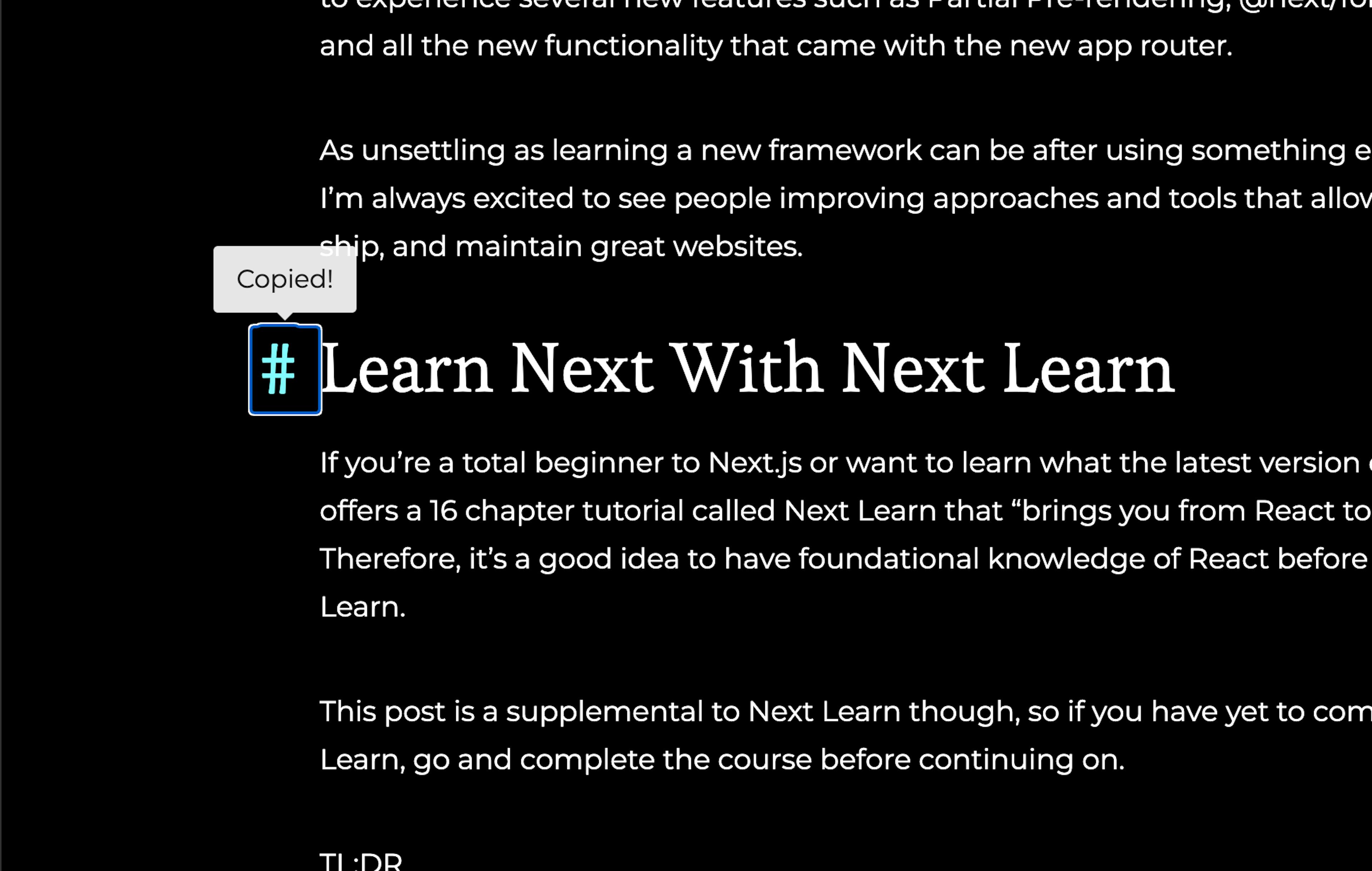 screenshot of heading anchor tag with tooltip