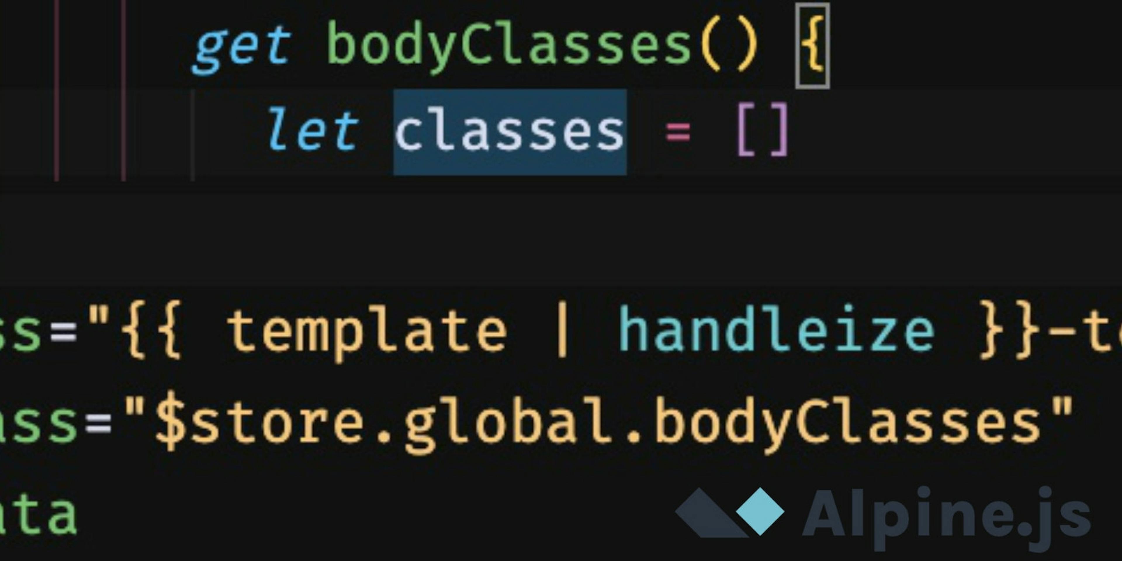 Code showing body element classes implemented with alpine.js