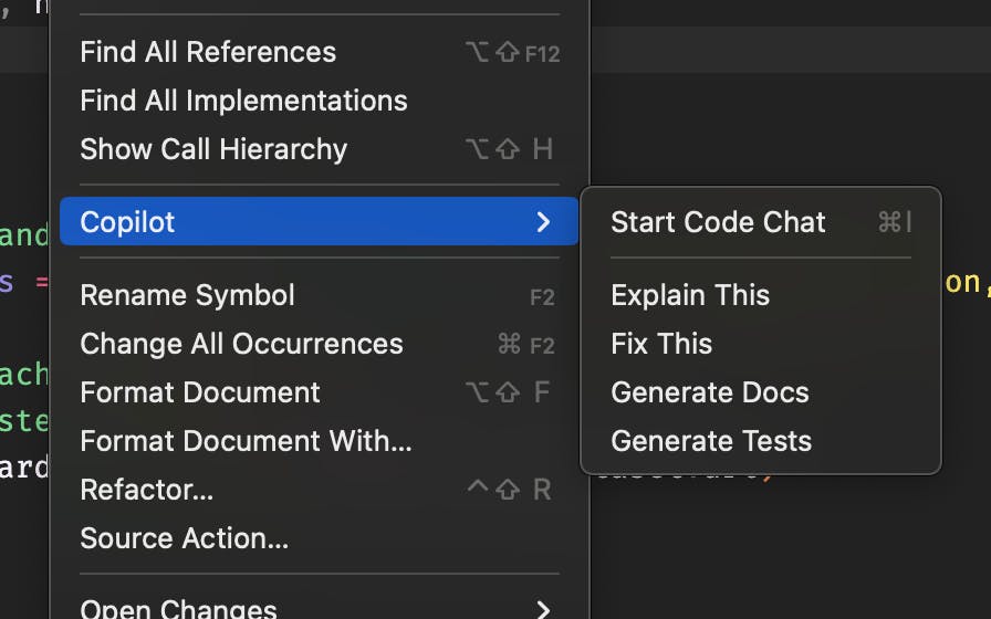 github copilot context menu in visual studio code