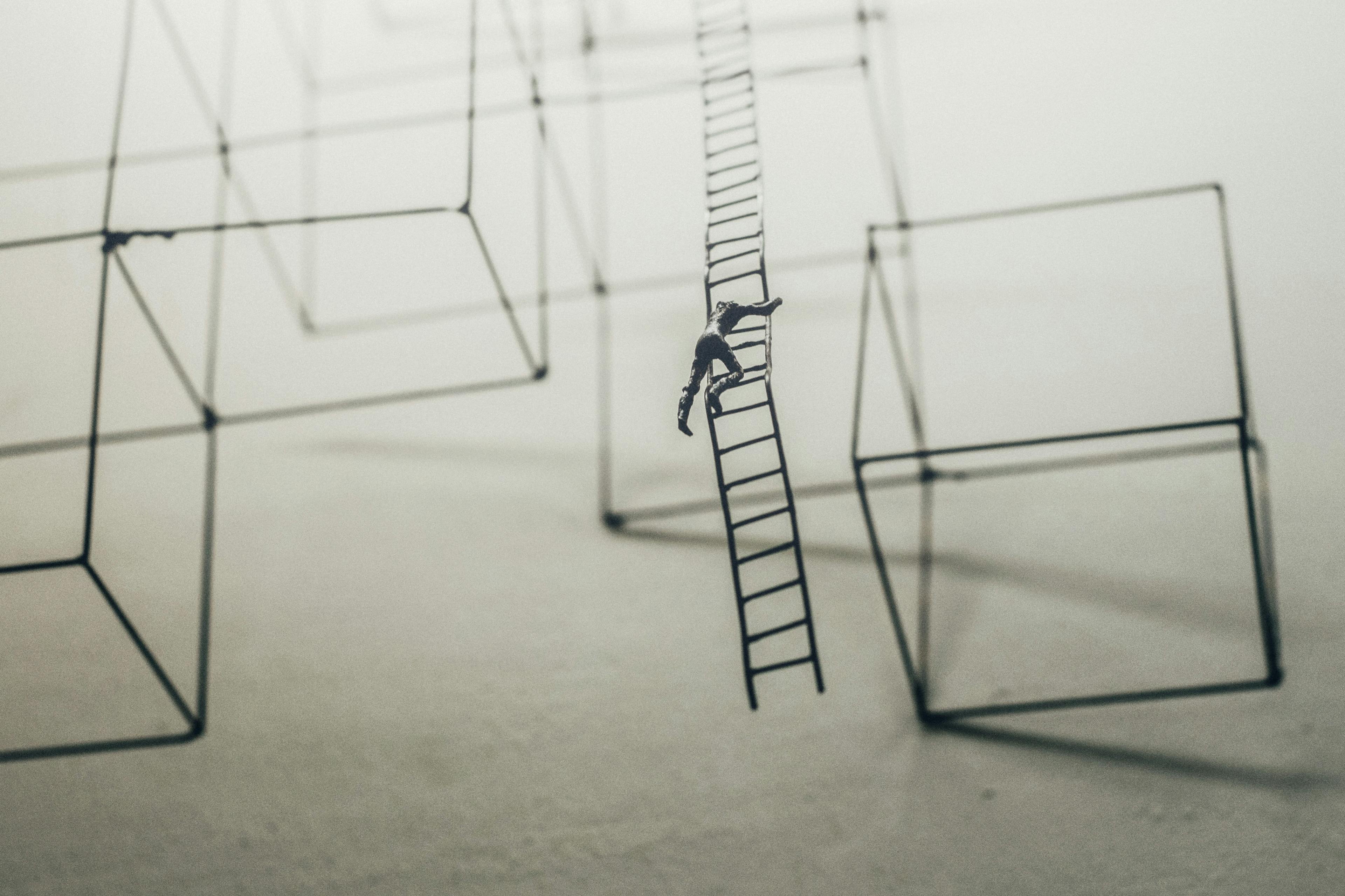 guy climbing ladder amidst square frames