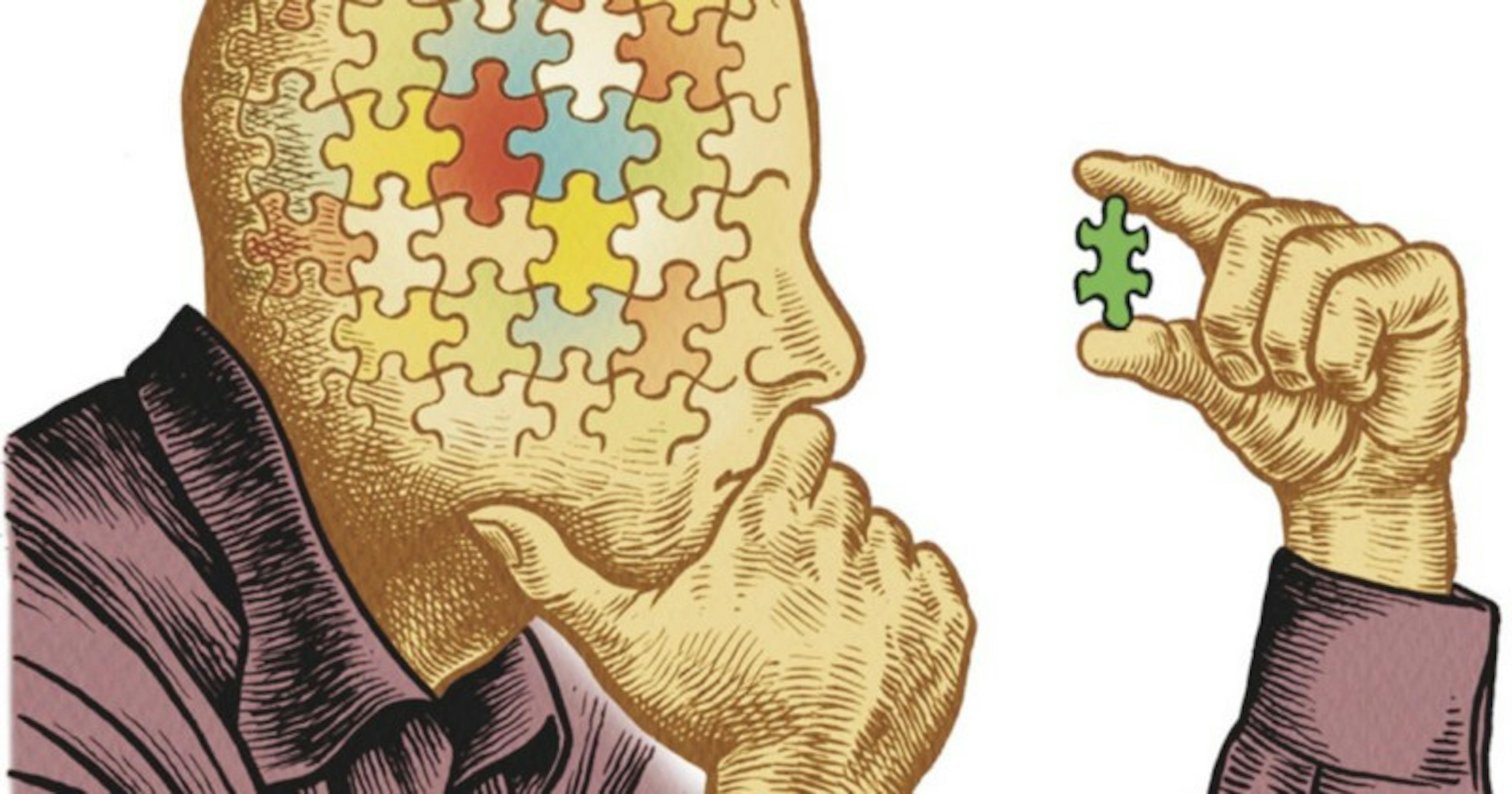 a man with jigsaw puzzle brain looking at a jigsaw puzzle piece thinking