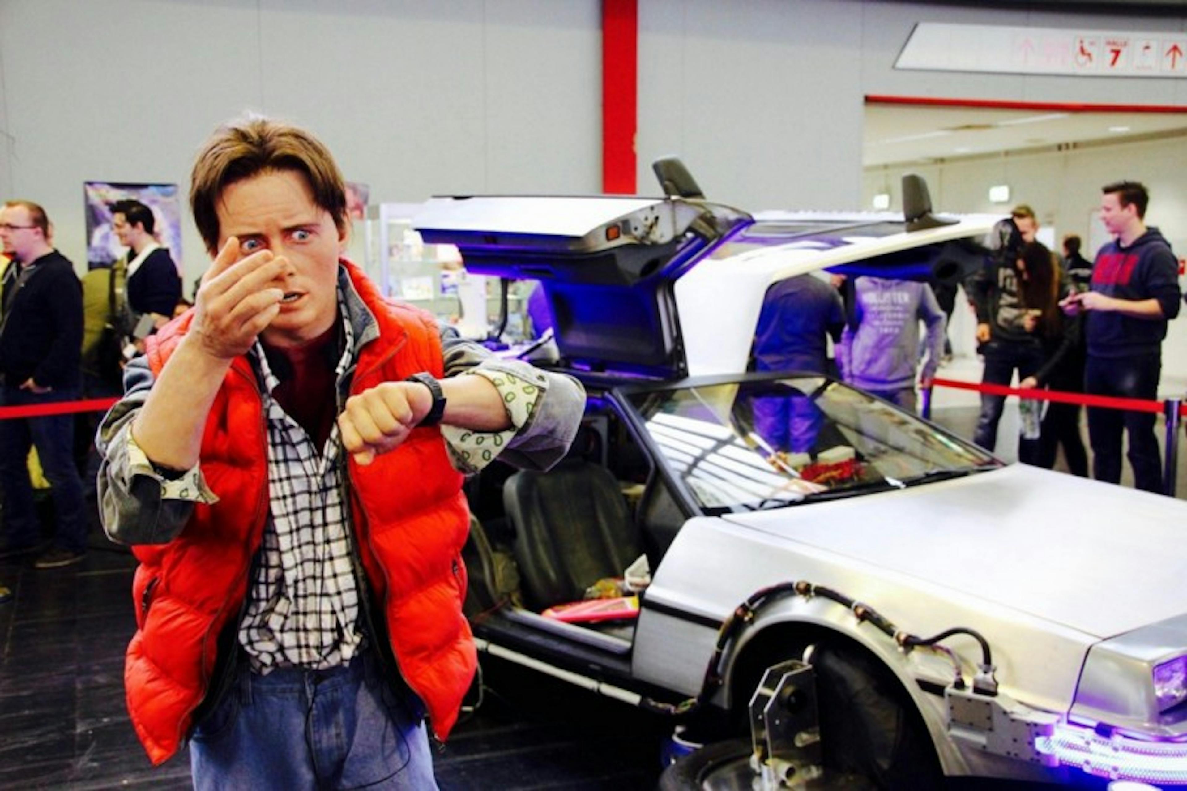 back to the future still image of the dalorian and marty mcfly
