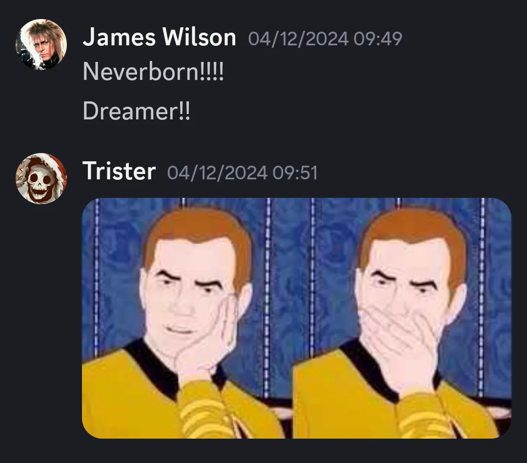 A screenshot of a discord chat where Adam expresses through an animated star trek meme that it is a surprise that he is not playing Bayou