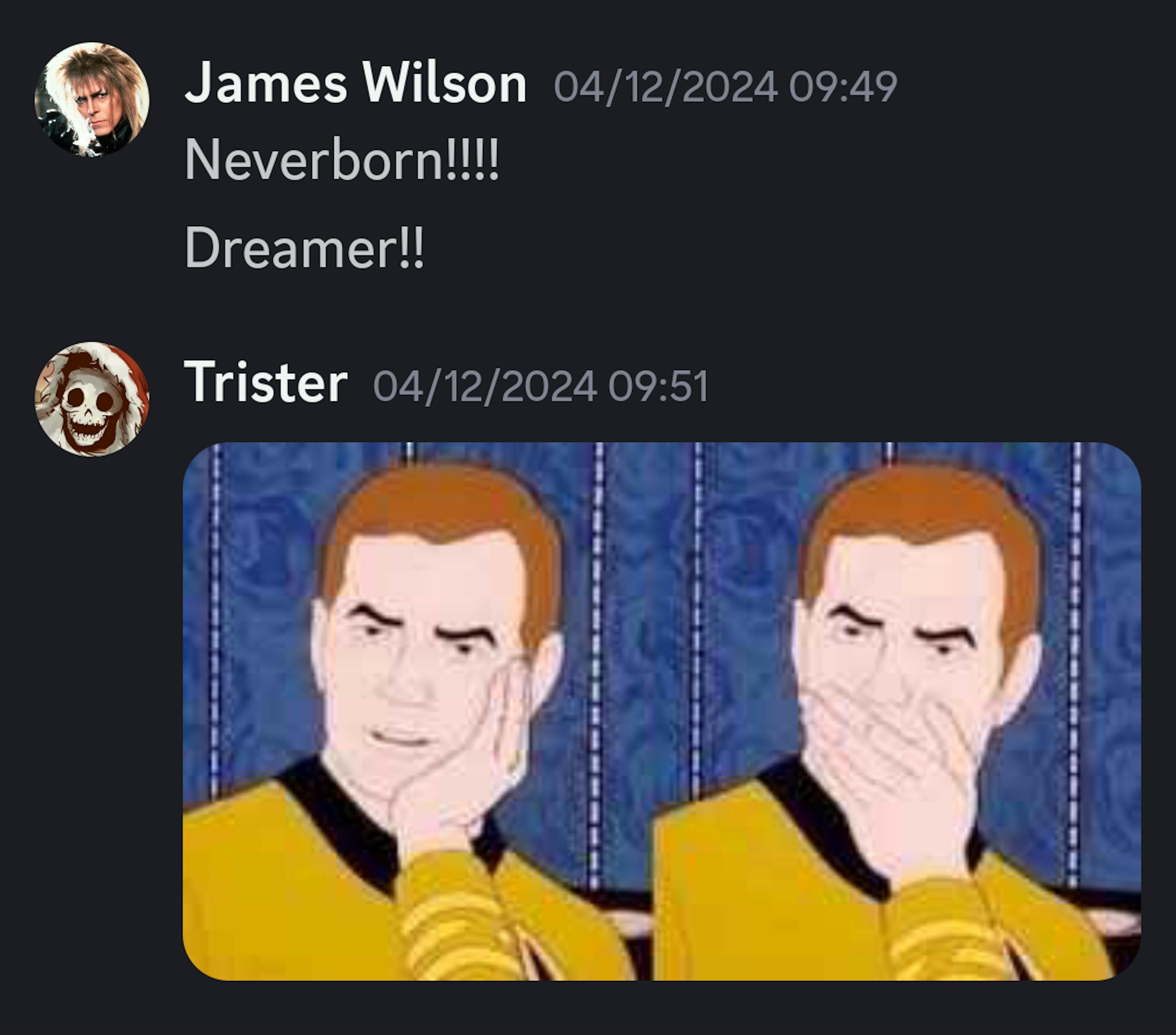 A screenshot of a discord chat where Adam expresses through an animated star trek meme that it is a surprise that he is not playing Bayou