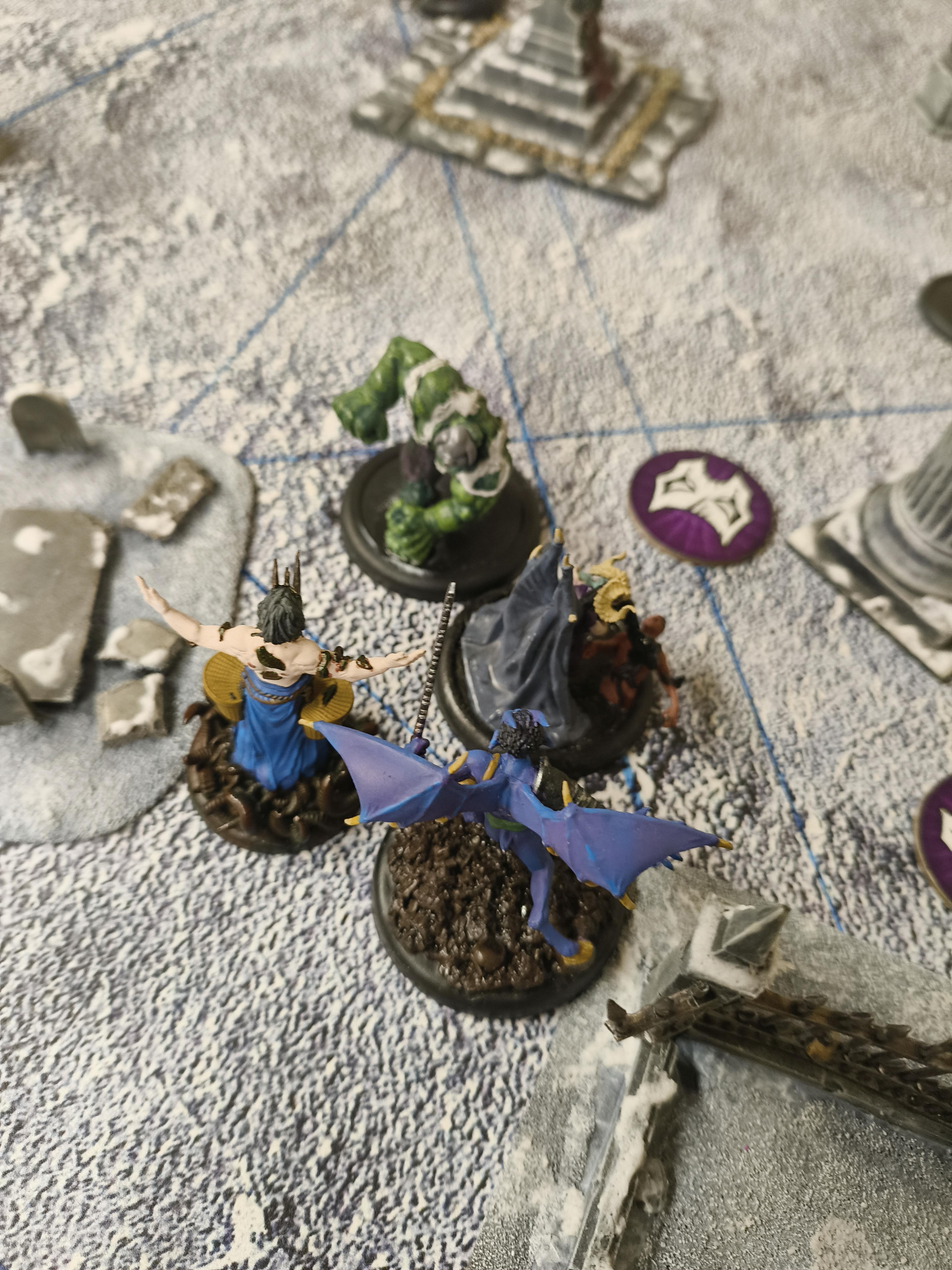 Three Returned models near a Scheme Marker facing off against a Swine-Cursed proxy that looks like the Incredible Hulk