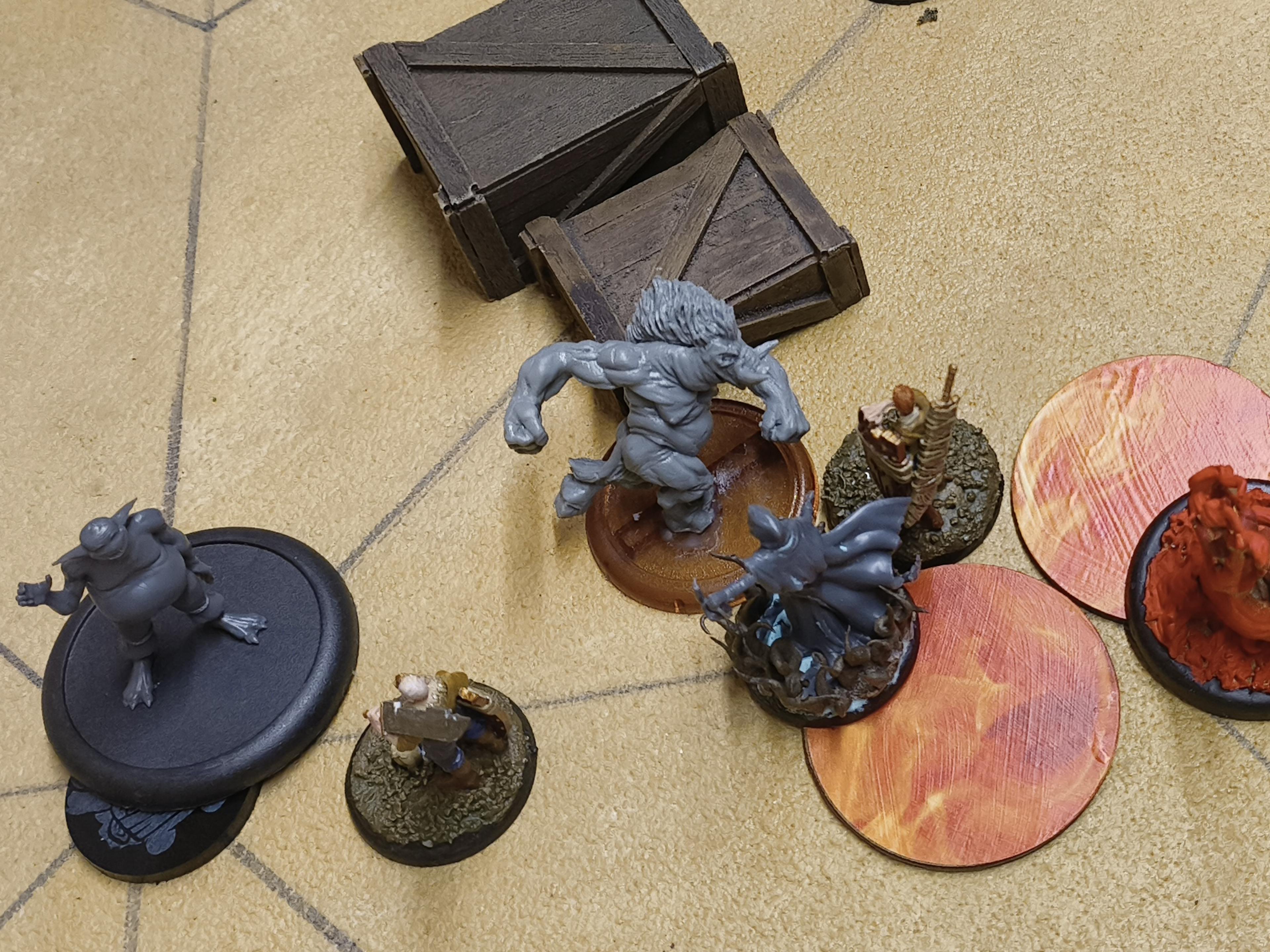 A SwineCursed engaged by other Malifaux models, with Fungal models looking on from the flanks