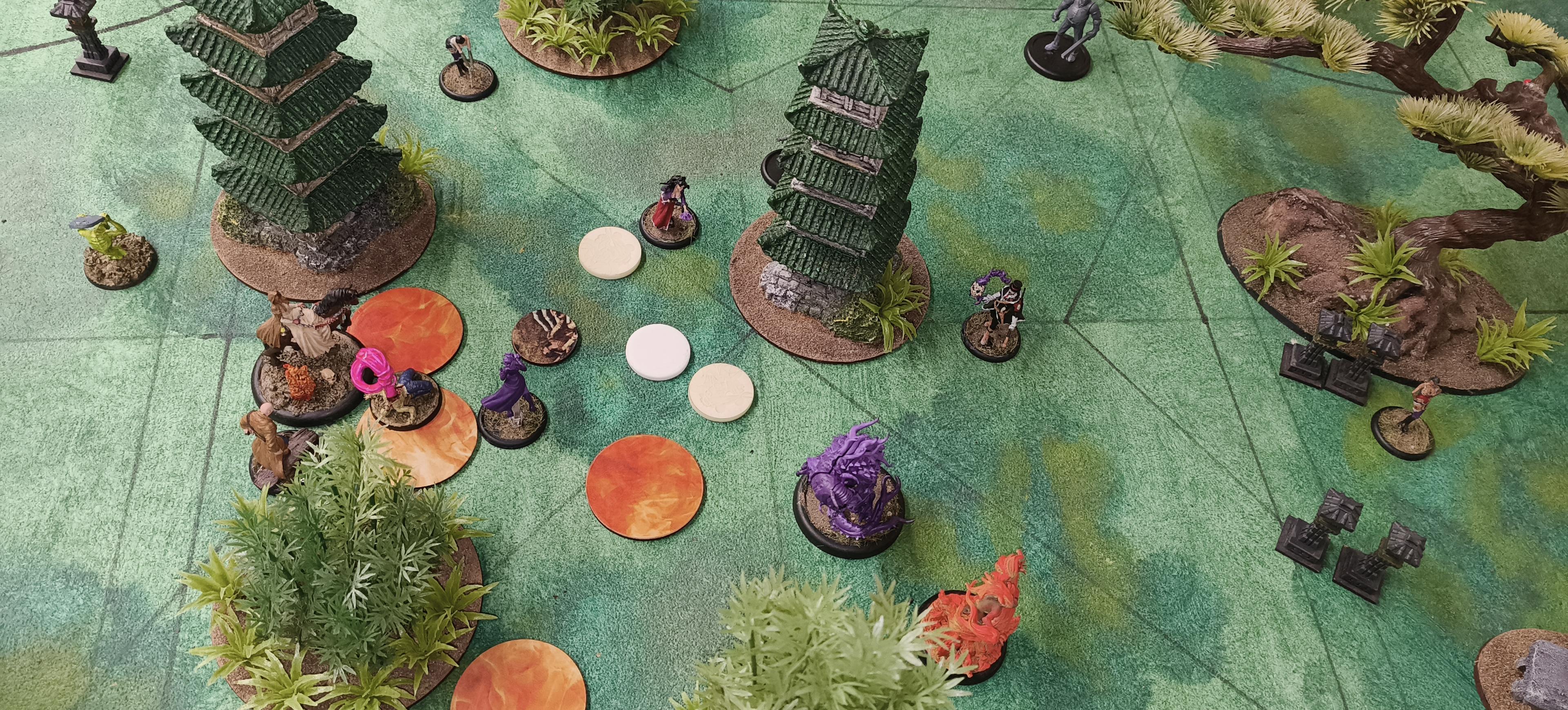 Revenant and Honeypot models battling in an Oriental Garden board