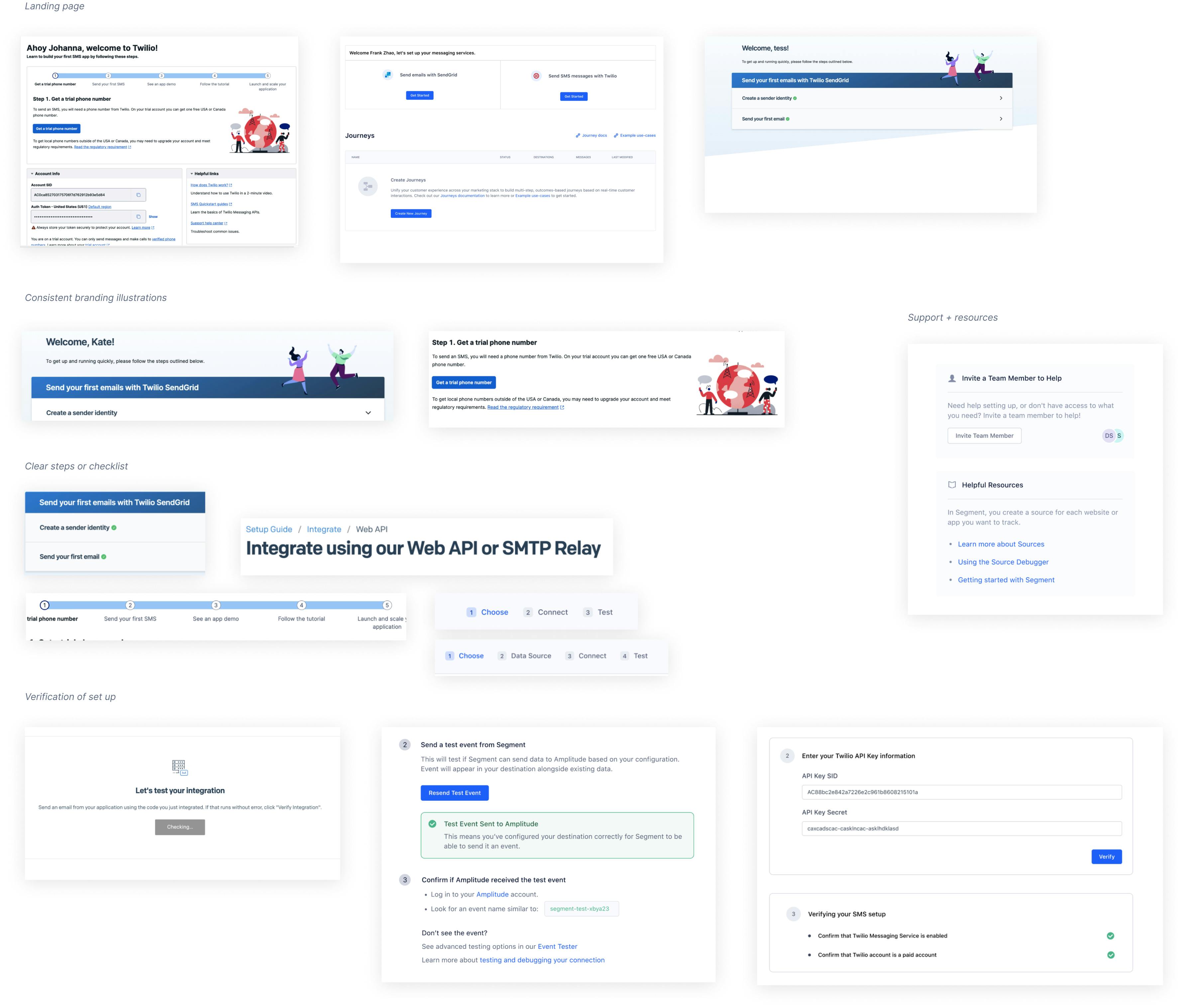 Screenshots of onboarding flows from across Segment, SendGrid, Console, and Flex.