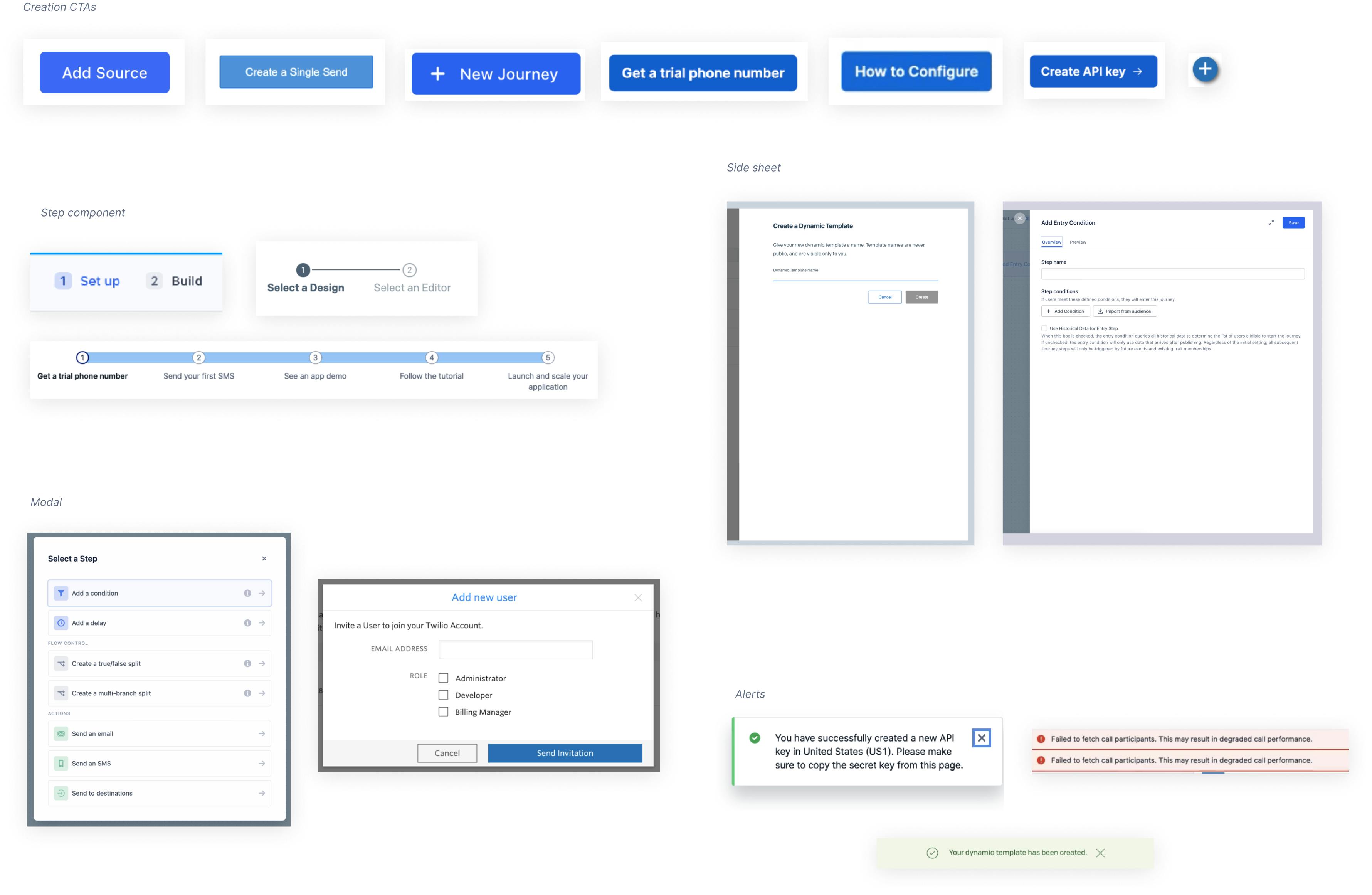 Screenshots of creation flows from across Segment, SendGrid, Console, and Flex, including 7 ever-so-slightly different blue primary buttons.