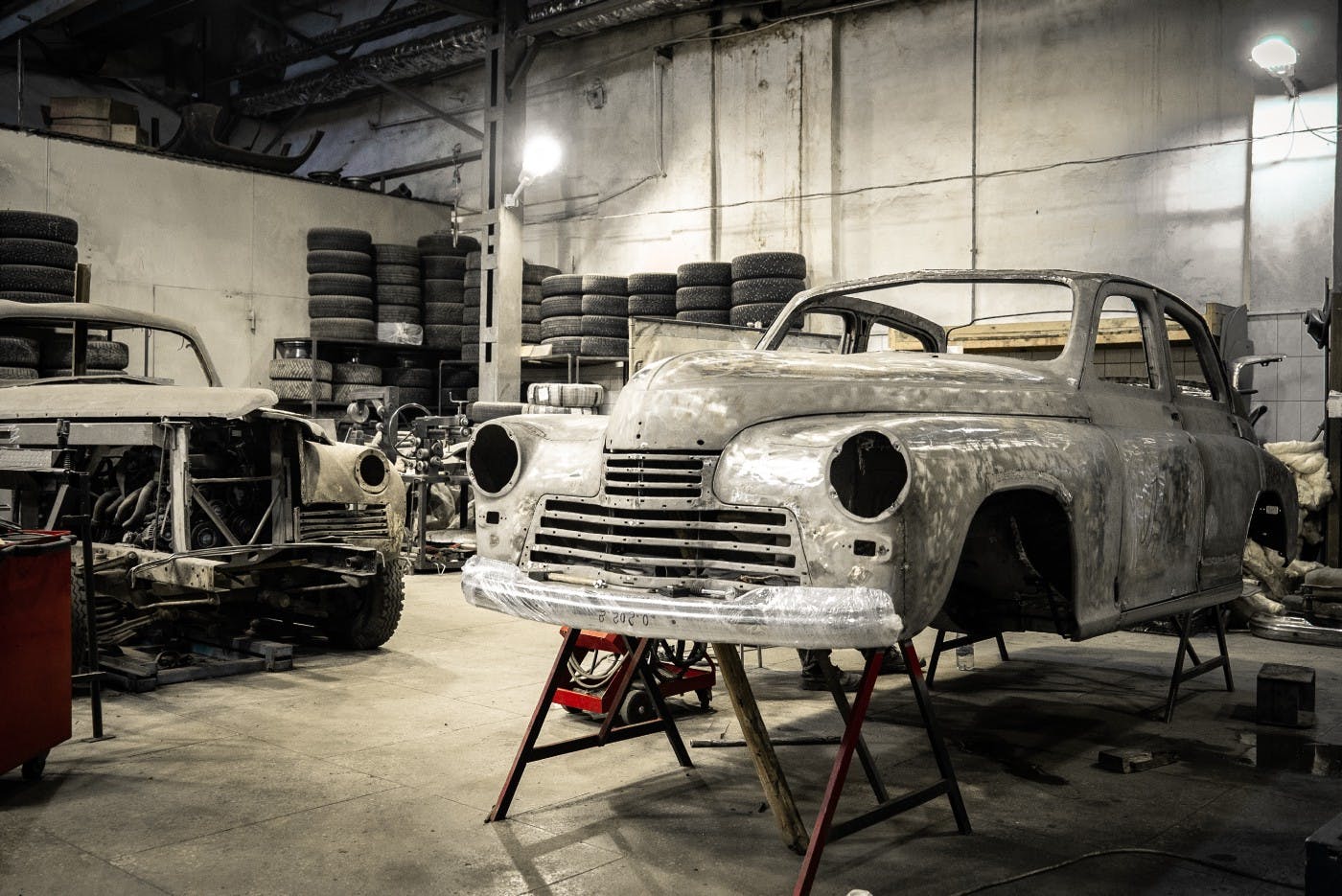 old car in a restoration workshop