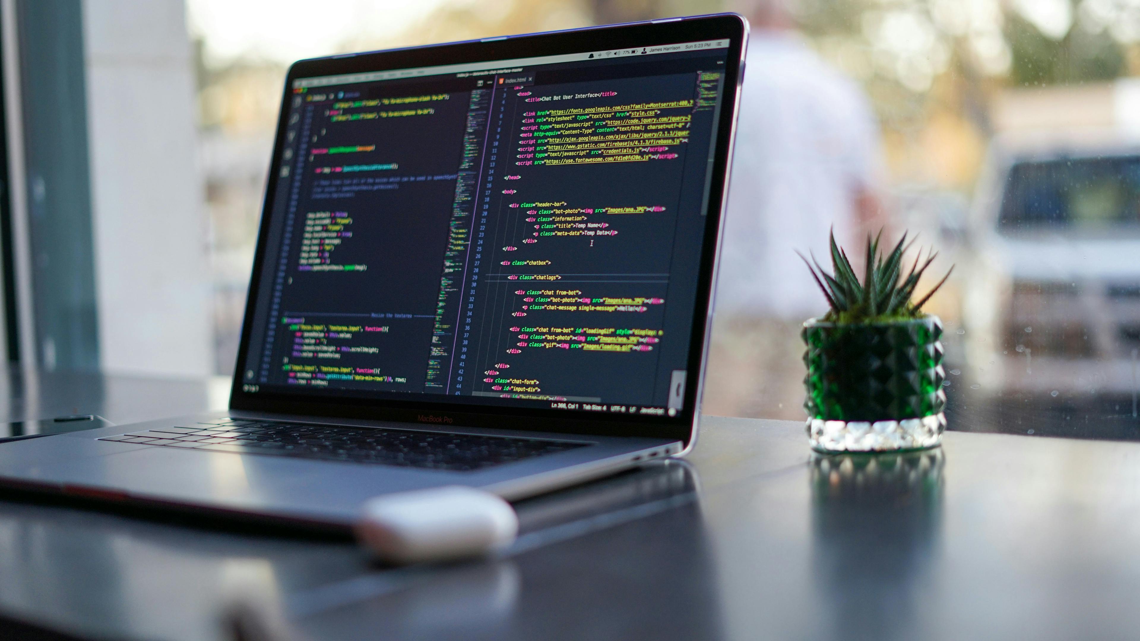 Open laptop next to a small plant on a desk showing code on the screen
