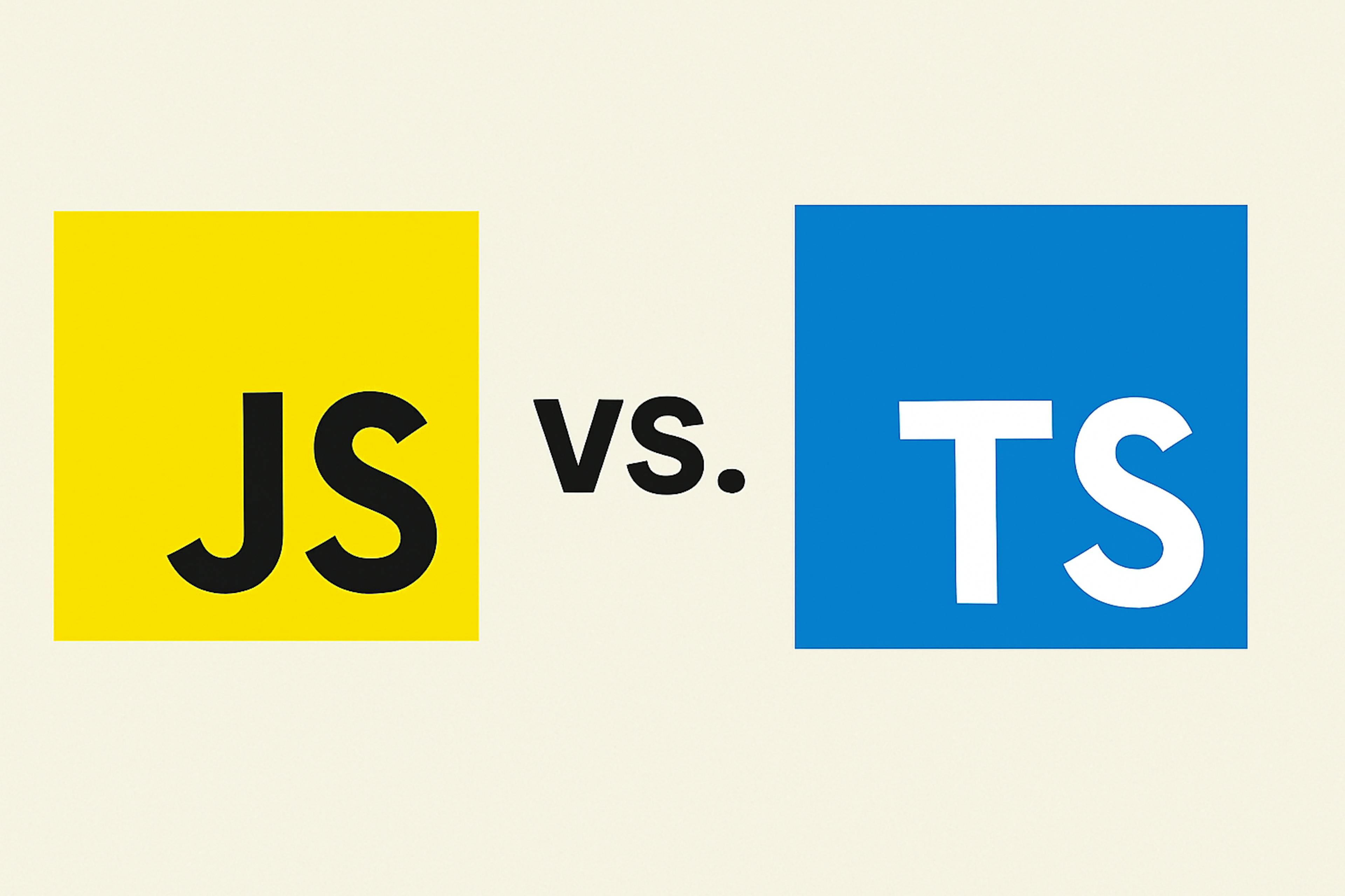 JavaScript and TypeScript logos with a ‘vs.’ in between them on a tan background