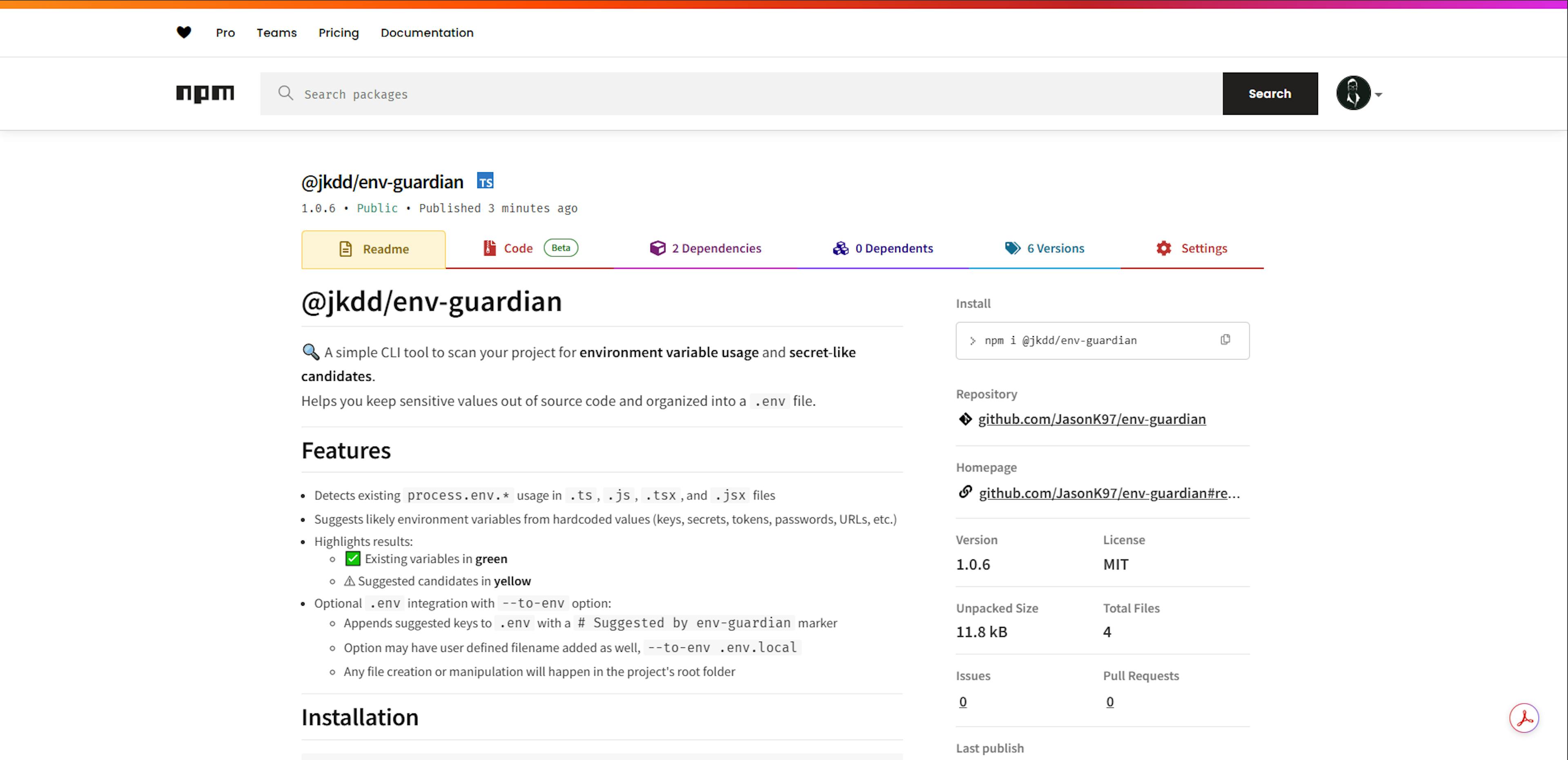 Screenshot of the npmjs.com page for the env-guardian npm package