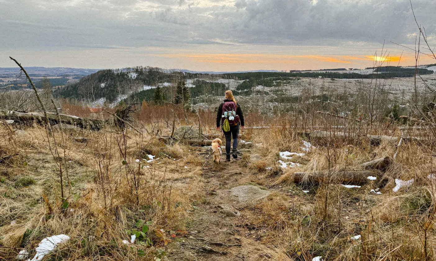 Schieke mit Hund beim Wandern auf dem Harzer Hexen Stieg