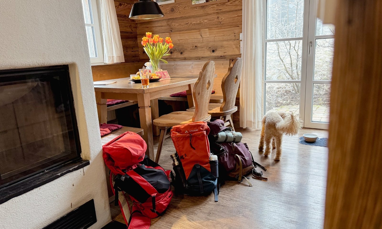 Essbereich und Kamin in der Premium Lodge Plus