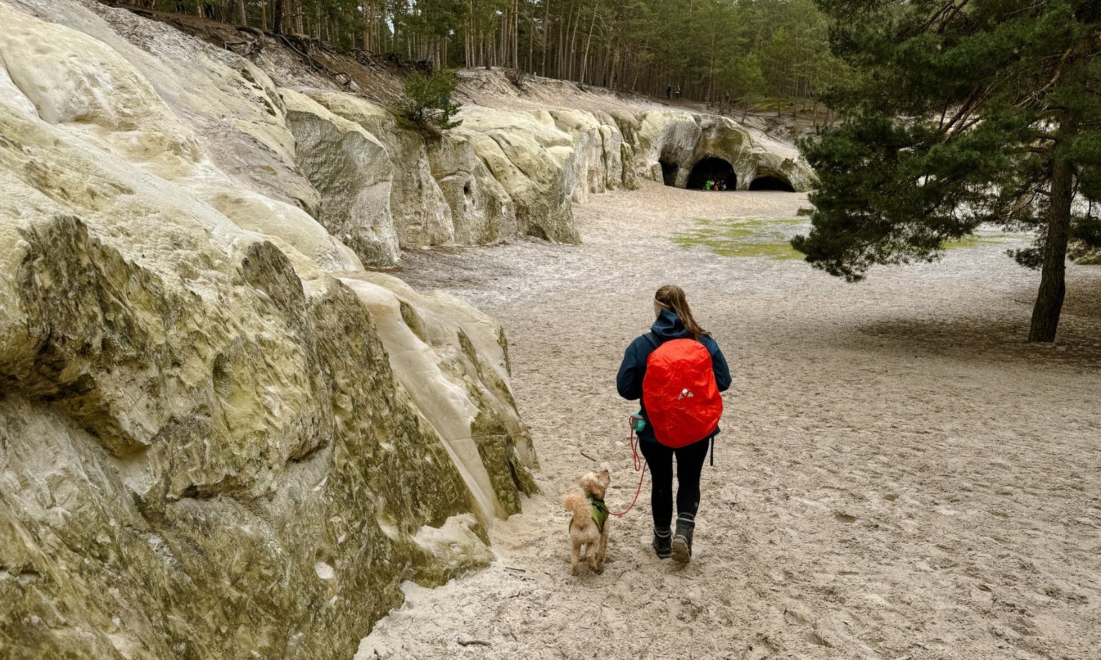 Frau mit Goldendoodle am Wandern im Harz bei den Sandsteinhöhlen im Harz bei Blankenburg bei Aprilwetter