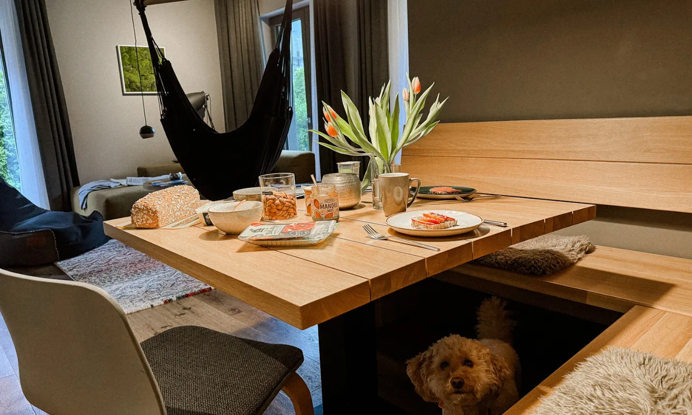 Hund unter dem Frühstückstisch im Appartement des EchtZeit Hotels in Braunlage