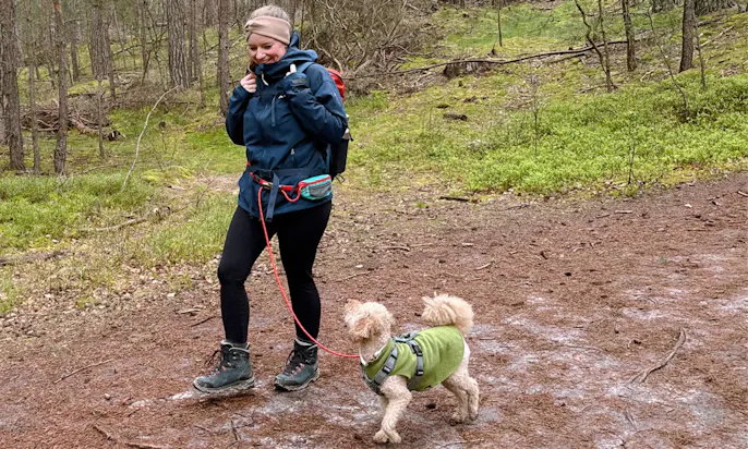 Frau wandert mit ihrem Hund im Wald