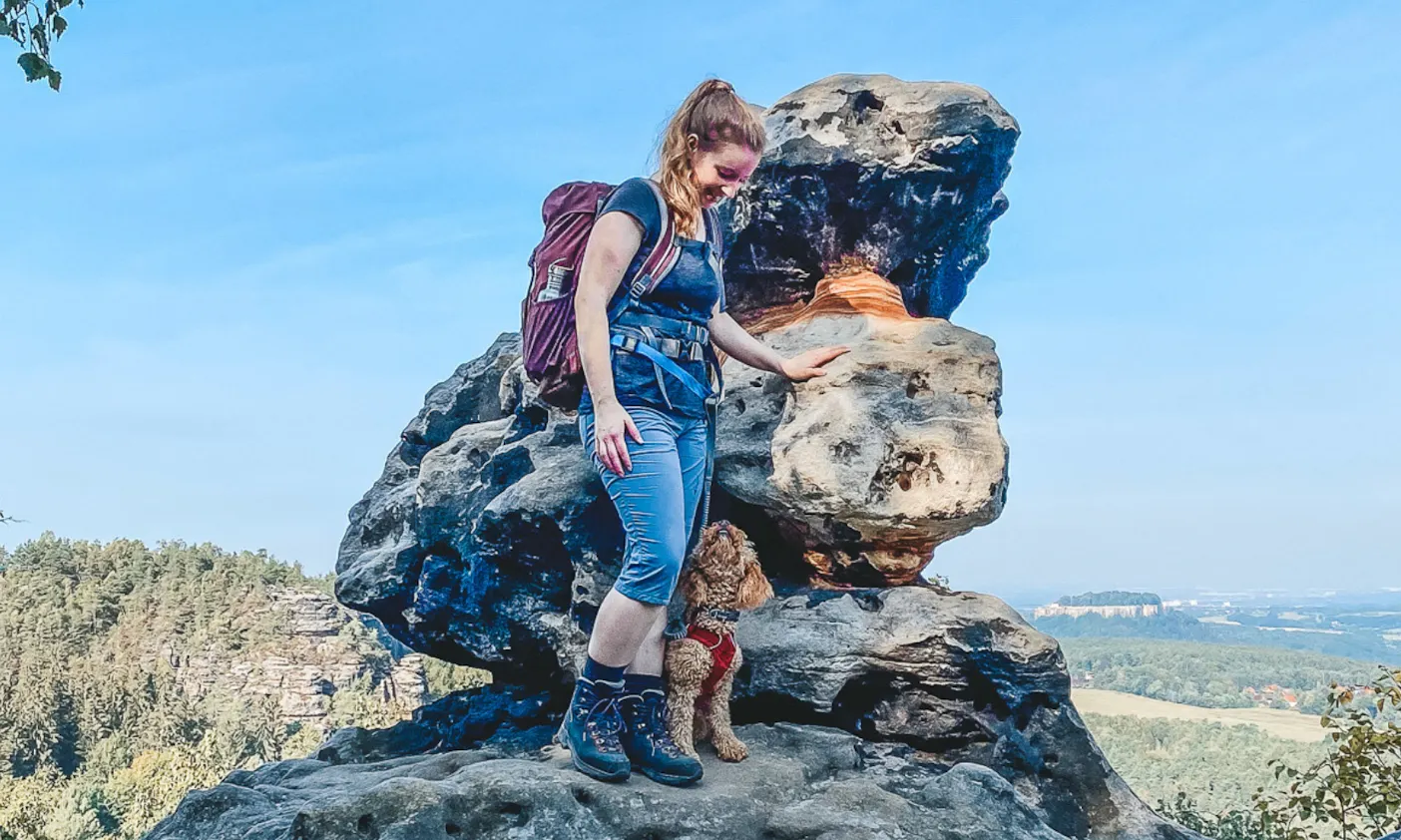 Joggingleine Pudel beim Wandern in der Sächsischen Schweiz