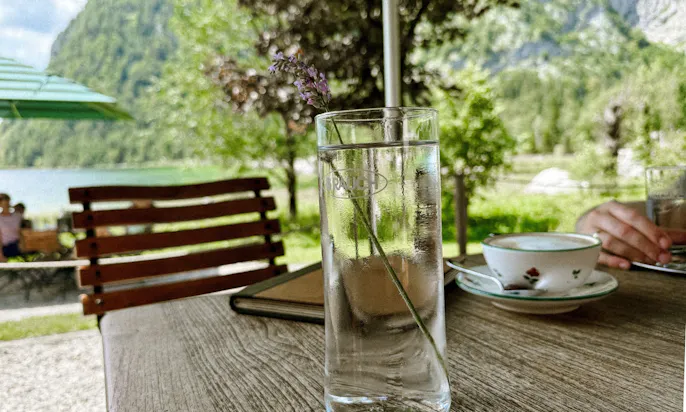 Erfrischendes Lavendelgetränk in der Seewiese Altaussee in der Steiermark bei schönen Wetter