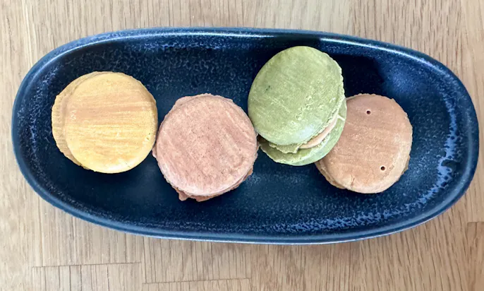 Bunte Hundeleckerlis in Form von Macarons