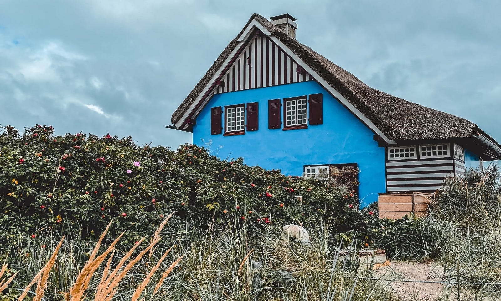 Das blaue Haus auf dem Graswarder in Heiligenhafen am Strand