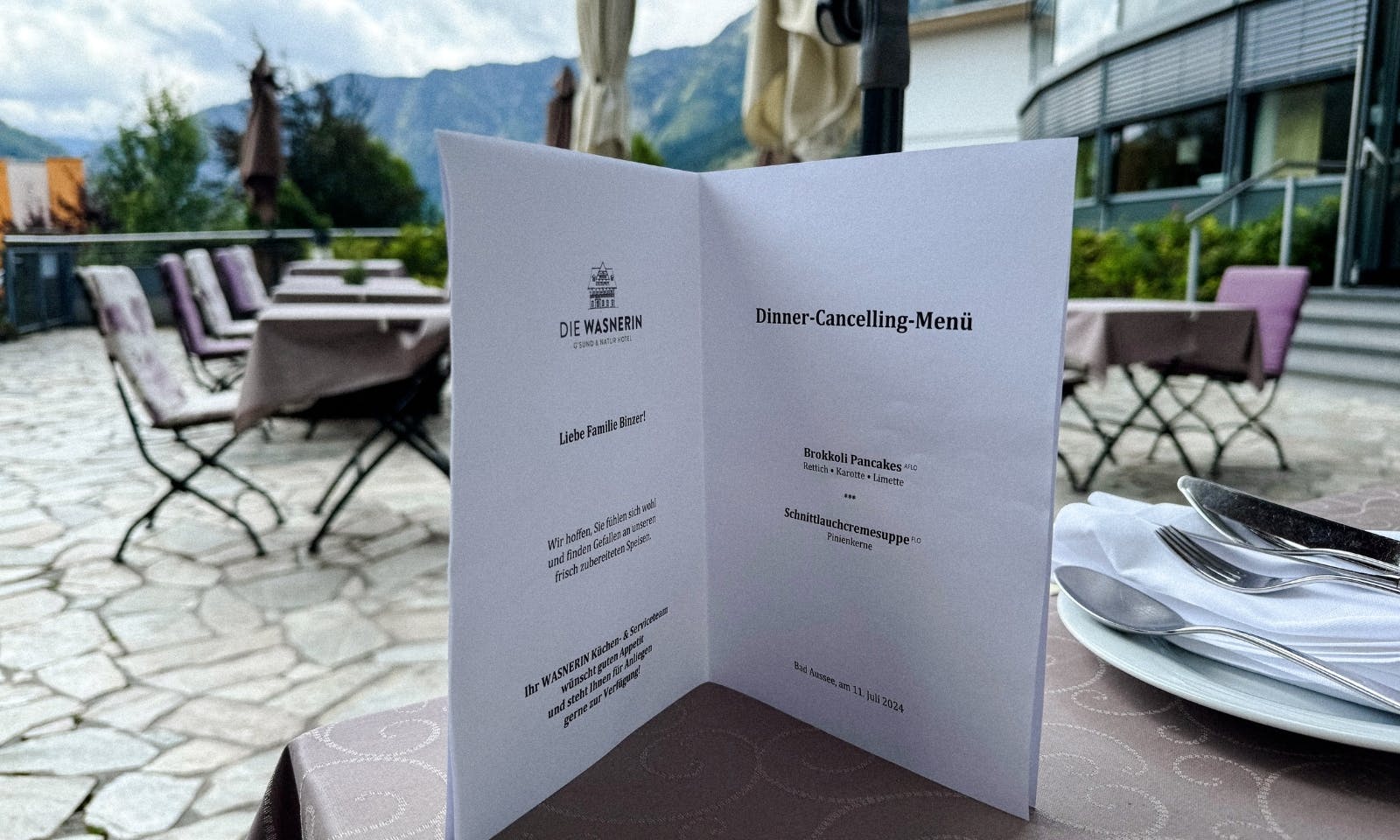 Die Menükarte im Hotel die Wasnerin