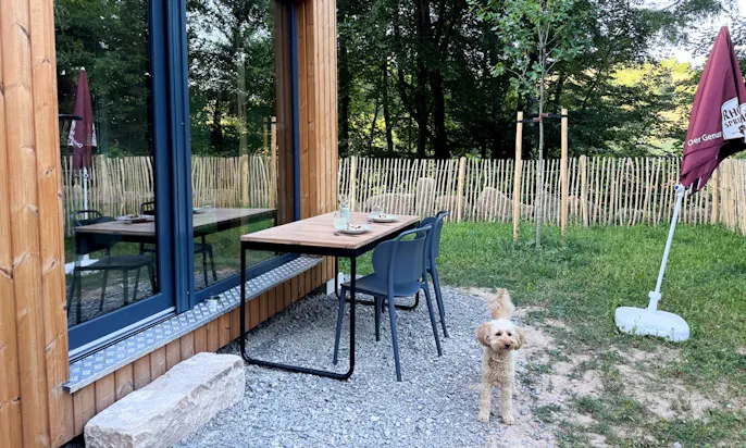 Hund steht neben einem Esstisch vor einem DOGGIA Tiny House