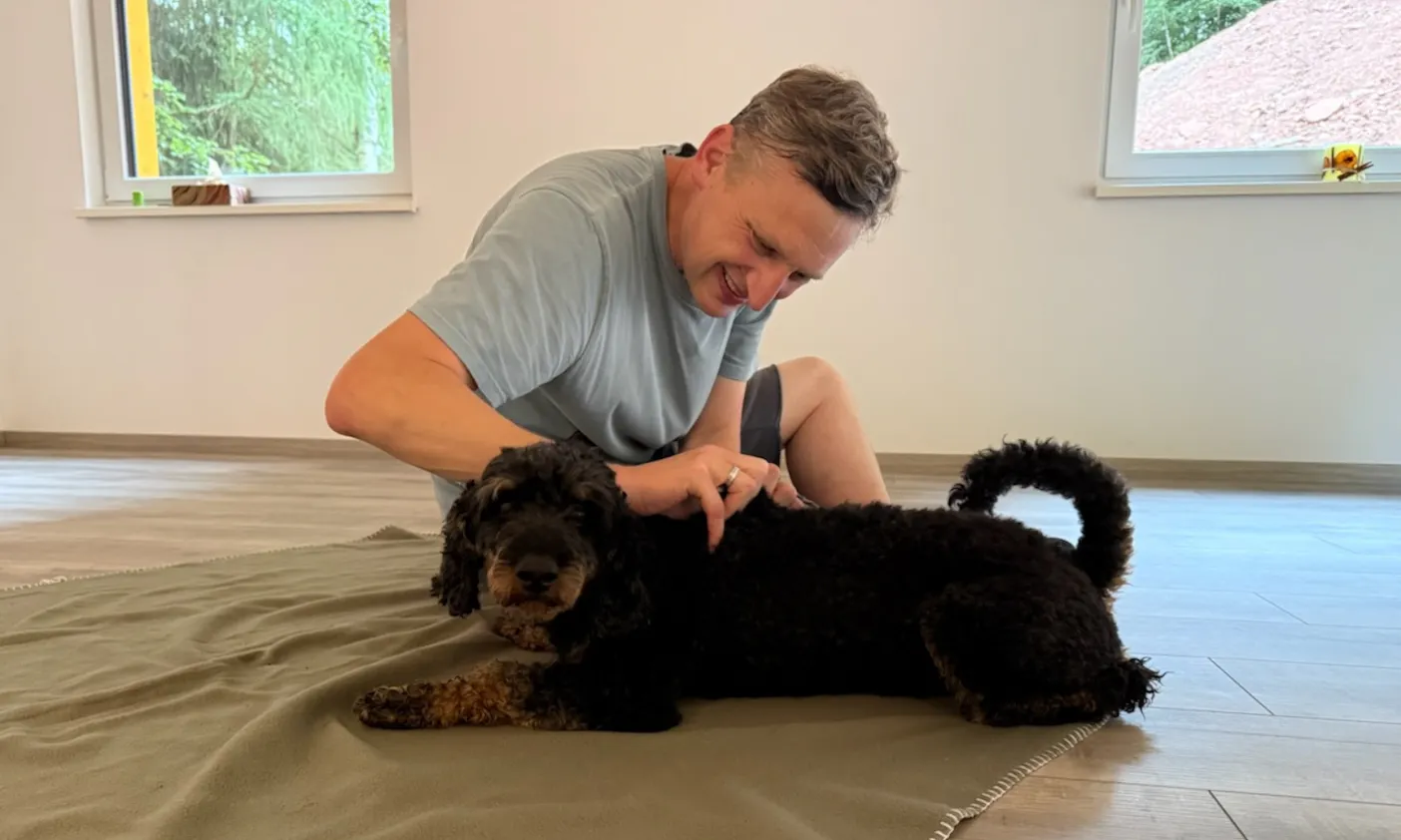 Ein Mann massiert einen Hund