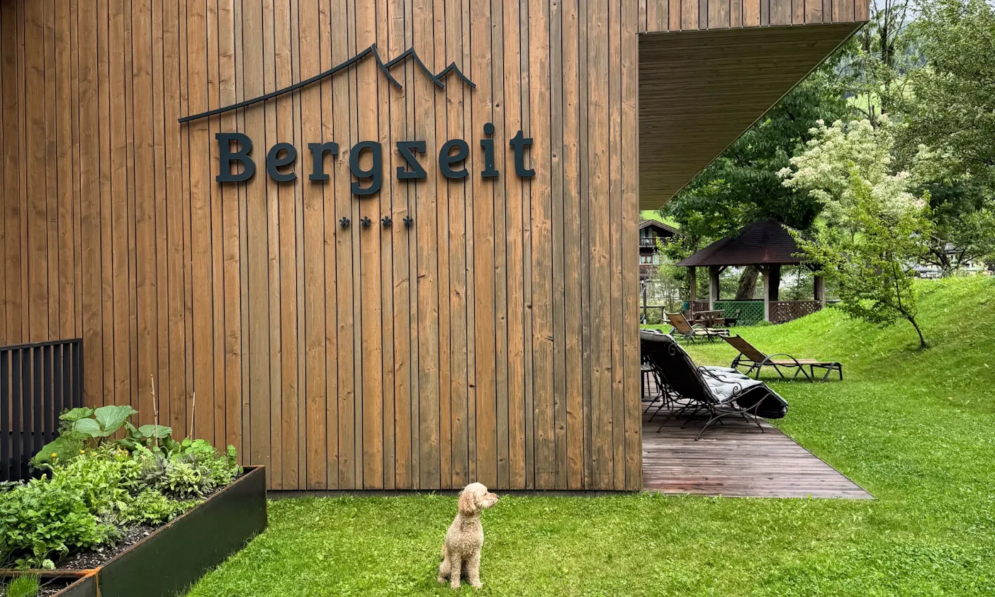 Hund sitzt vor dem Hotel Bergzeit in Österreich