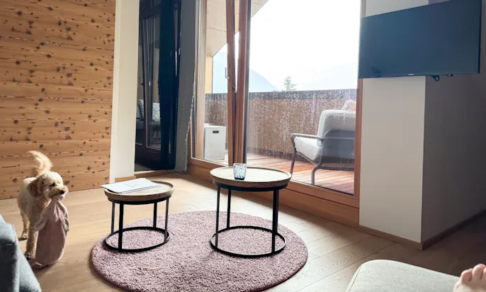 Wohnbereich mit Hund eines der Zimmer im Hotel Bergzeit in Österreich