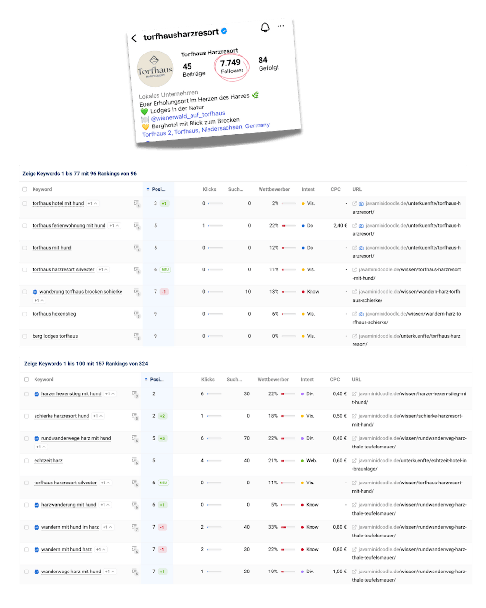 Tabellen mit Keywords für das Torfhaus Harzresort