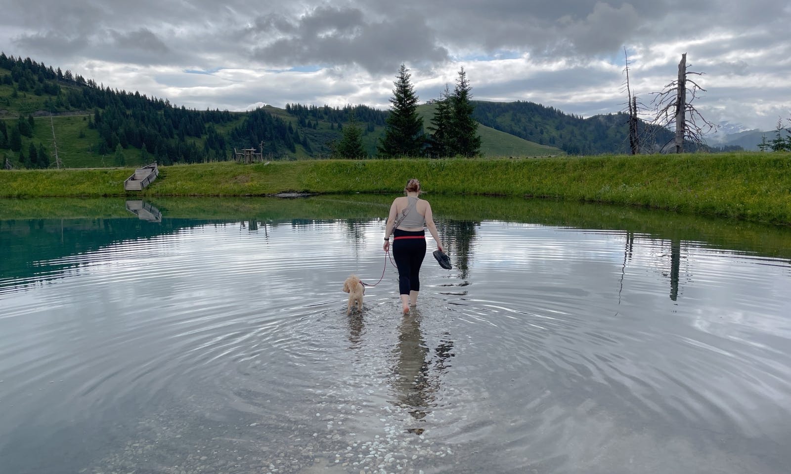 Eine Frau mit Hund, die den Barfußpfad am Spiegelsee entlang geht