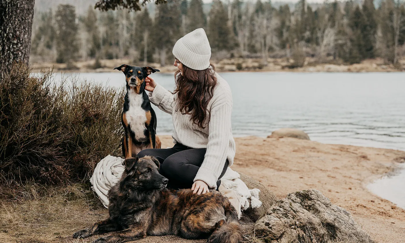 Eine Frau mit zwei Hunden am Oderteich im Harz