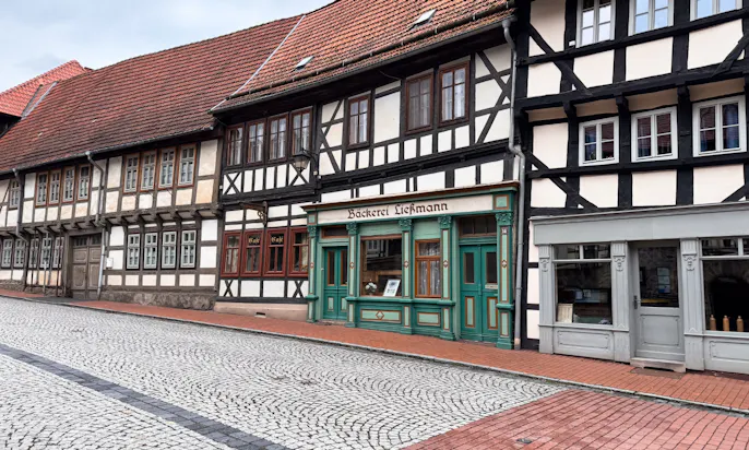 Fachwerkhäuser in der Innenstadt von Stolberg im Harz